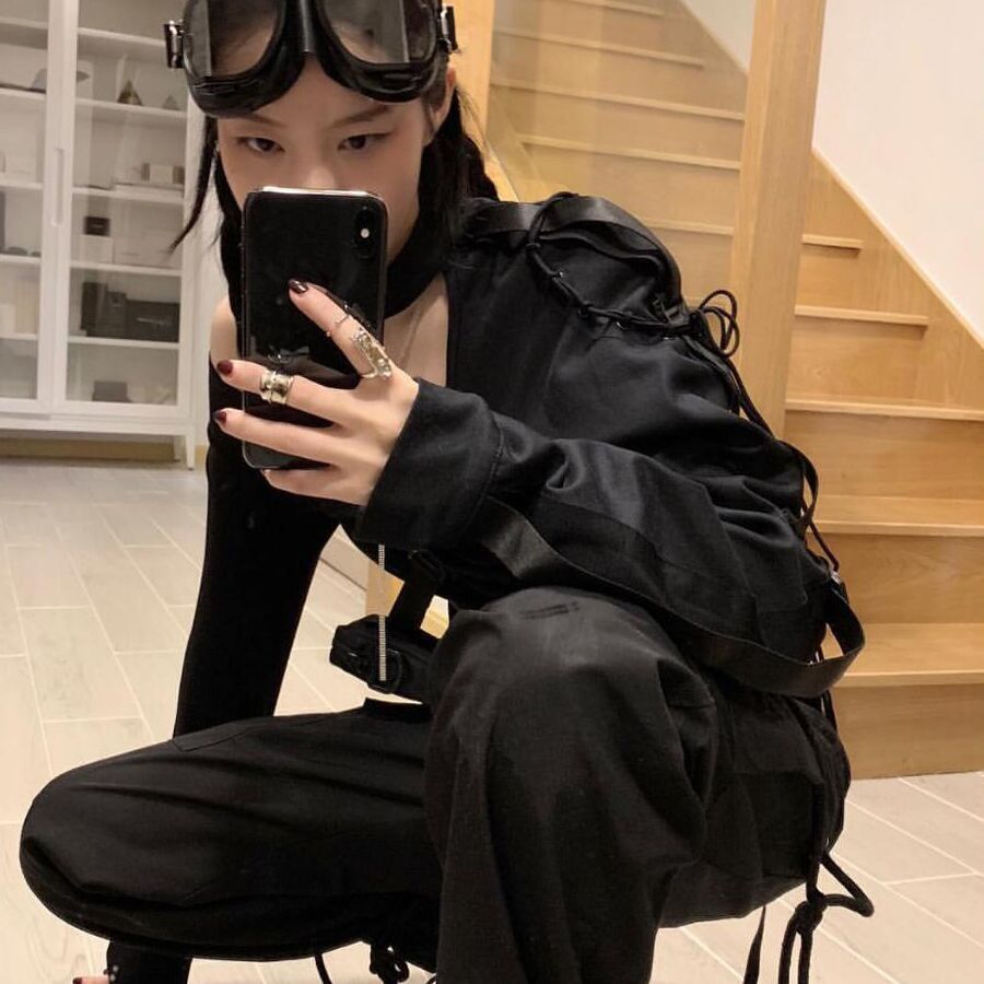 Irregular One Shoulder Long Sleeved with A Tie-up Women Streetwear Hip Hop Buckle Halter Long Sleeve Coat Tops Black