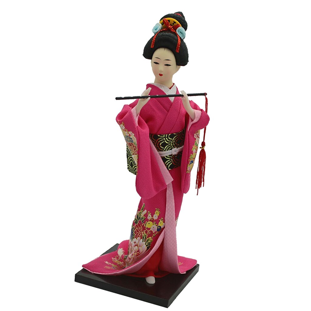 12 tommer japansk geisha dukke kabuki iført rosa rød kimono samlerobjekt