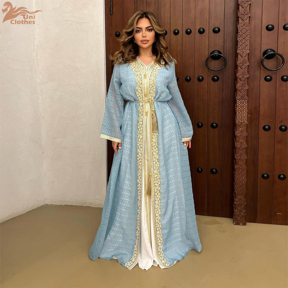 Uni moda muçulmano dubai luxo mulher abayas conjunto de duas peças com faixas com decote em v com cinto vestidos de cetim marroquino robe islâmico