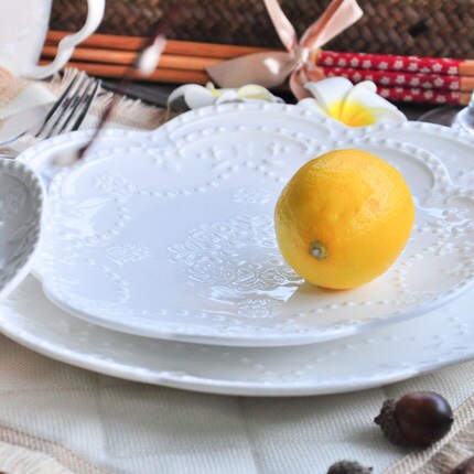 European Style Flat Plate-6&quot;8&quot;10&quot;Western Steak Plate -Embossed Round Shallow Plate Pure White Bone China Dessert Tray Home Acces