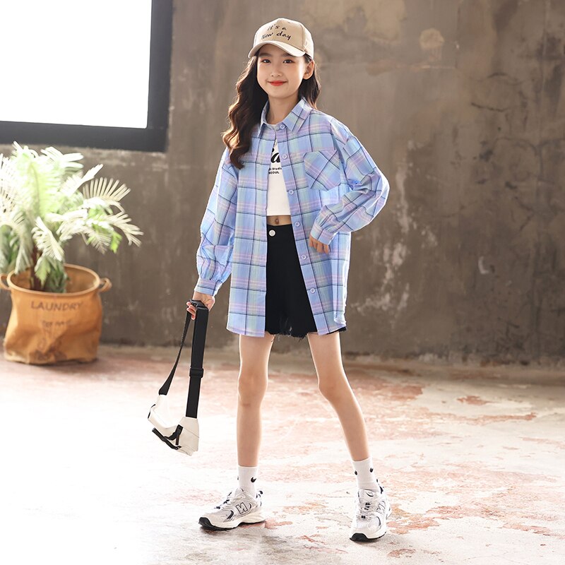 Camisas a cuadros para niñas, Tops de manga larga para niñas de 6, 8, 10, 12 y 14 años, primavera y otoño, novedad de