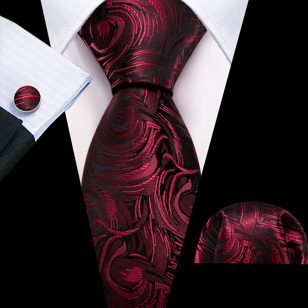 Corbatas de seda rojas y azules para hombre, conjunto de gemelos cuadrados de bolsillo de Cachemira Jacquard, a la , para novio, boda, , negocios, Barry.Wang, novedad: Negro