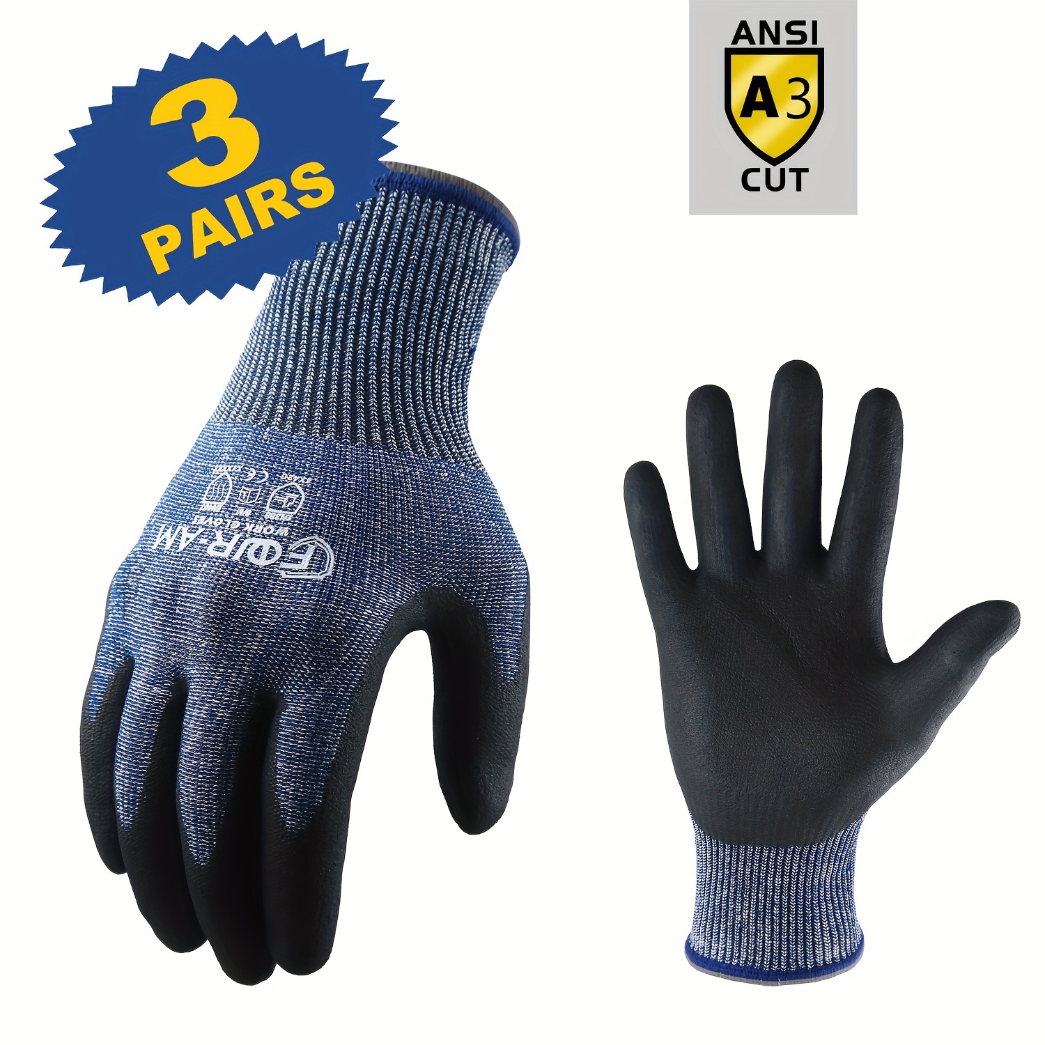 1/3 pares de guantes de trabajo resistentes a cortes ANSI Cut4, ajuste elástico cómodo 3D, agarre eléctrico, nitrilo arenoso duradero: Azul lago / S