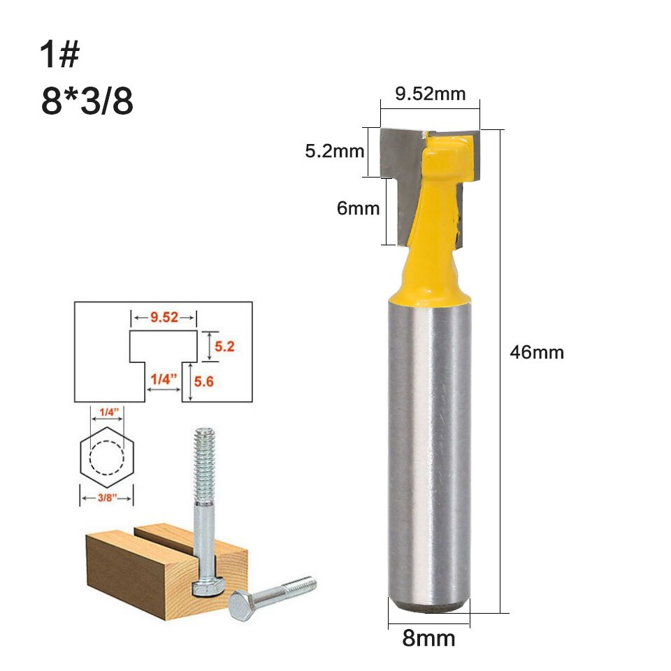 1pc 8mm skaft t-spor slotting & t-slot nøglehulsfræser træfræser stål stålhåndtag 3/8 '' & 1/2 '' længdefræser til træ