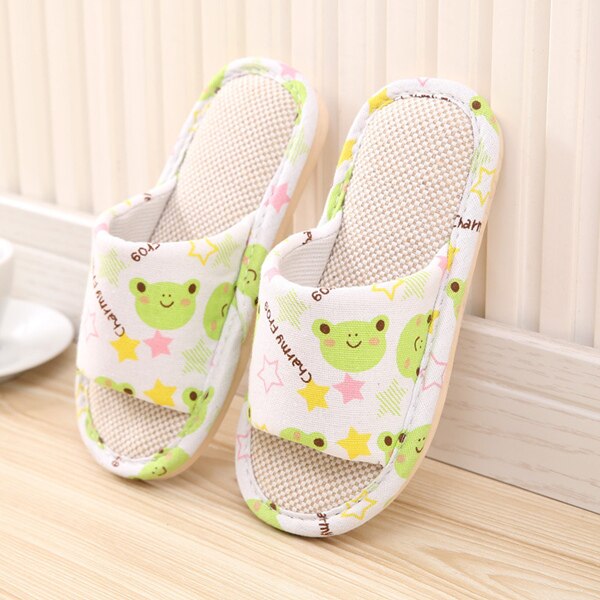 Boys Girls Linen Home Slippers Spring Casual Color Striped Breathable Flax Knit Indoor Shoe Children Bedroom Slippers: green / 28(Insole 19.5 cm)