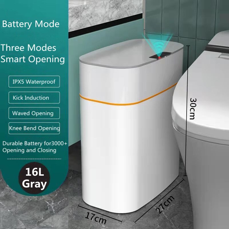 Smart Trash Can Intelligent Sensor Dustbin Electric Automatic Rubbish Can Waterproof Dustbin Household Kitchen Toilet Bin: 16L Battery Gray