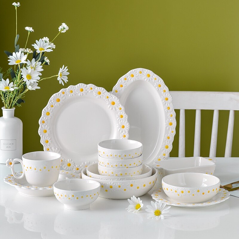 Ceramic Tableware Dishes And Plates Sets Small Daisy Underglaze Home Dinner Food Salad Bowl Western Cup Dessert Steak Tray Plate
