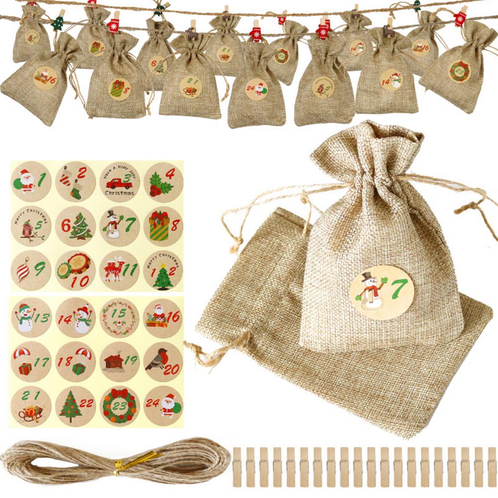 Advent Calendar Bags Set 24 Days Burlap Advent Calendar Drawstring Bags DIY Christmas Embellishments With Clips