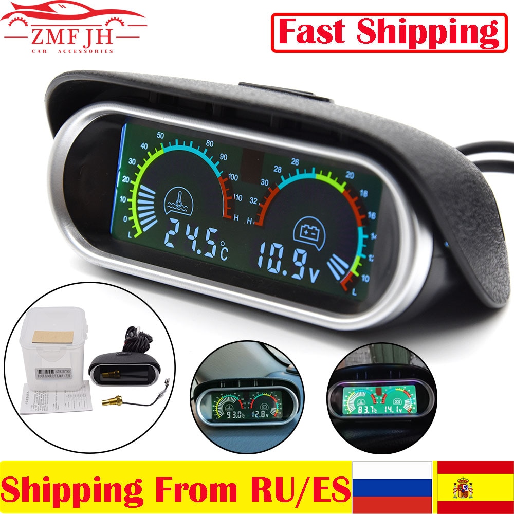 9-36V Car Truck Horizontal Gauge Water Temperature Voltmeter Voltage Gauge 2 In 1 LCD Digital Gauge with Temperature Sensor 10mm