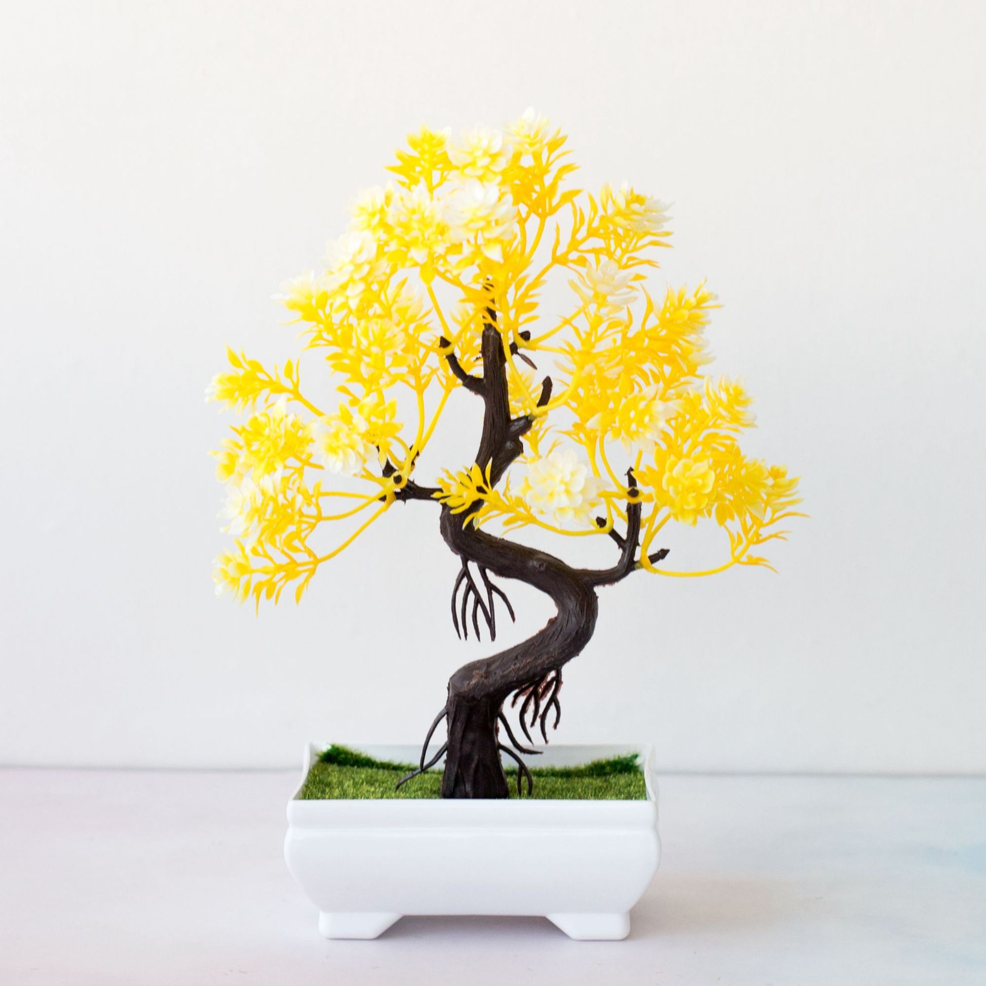Plantas artificiales realistas, bonsái, plantas de plástico, flores, árbol pequeño, maceta, adornos en maceta para decoración del hogar, decoración de jardín de Hotel: hongyundangtou yello