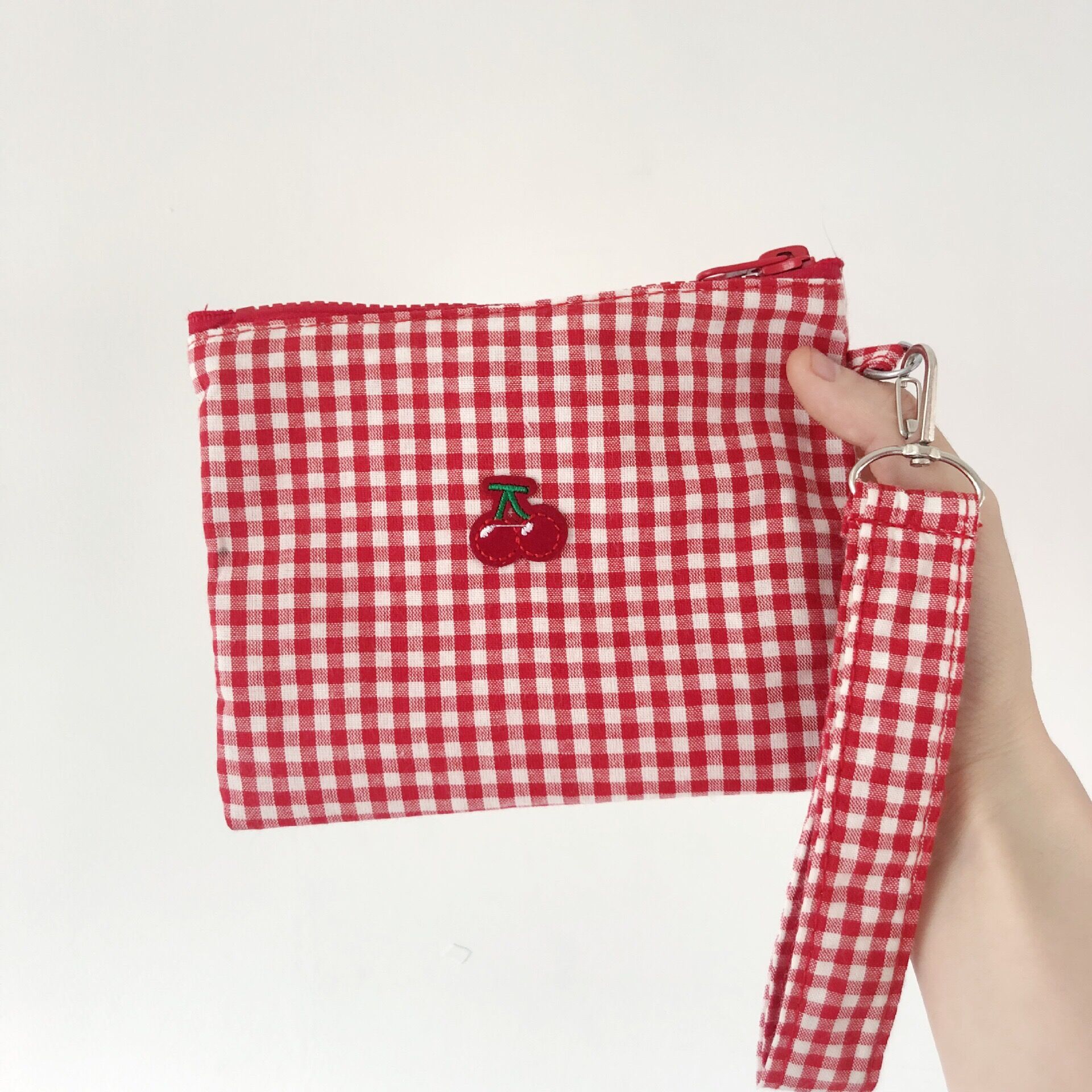 Cherry Rode Plaid Katoen Stof String Handtas Vrouwen Meisjes Zoete Rits Moet Tassen Kaarthouder Grote Capaciteit Make-up tas case