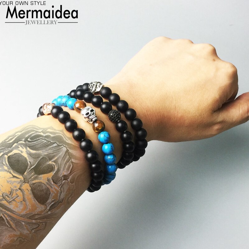 Tilbehør smykker lavasten blå sten perle kranium skelet sølvbelagt charme stretch armbånd til kvinder