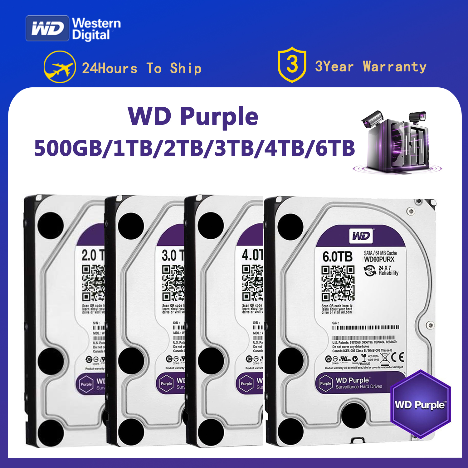 WD Paars 4TB 1TB 2TB 3TB 6TSurveillance Interne Harde Schijf Schijf 3.5 "64MCache SATA III 6Gb/s HDD HD Harde Schijf voor CCTV DVR NVR
