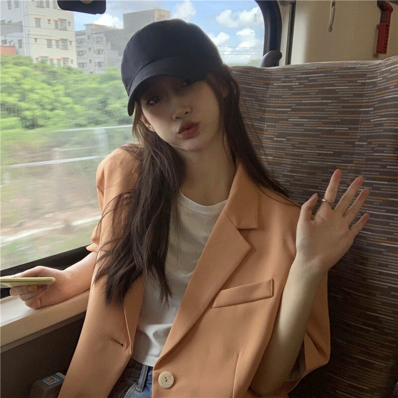 Blazers Vrouwen Zomer Dunne Koreaanse Oranje Losse Temperament X-Lange Mode All-Match Zakken Kantoor Dame Korte mouwen Uitloper