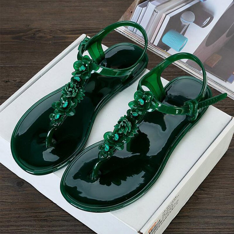 Vrouwen Sandalen Zomer Vrouwelijke Platte Clip Teen Sandalen Bloem Decor Jelly Schoenen Antislip Slides Flip Flops Strand schoenen: green / 8.5