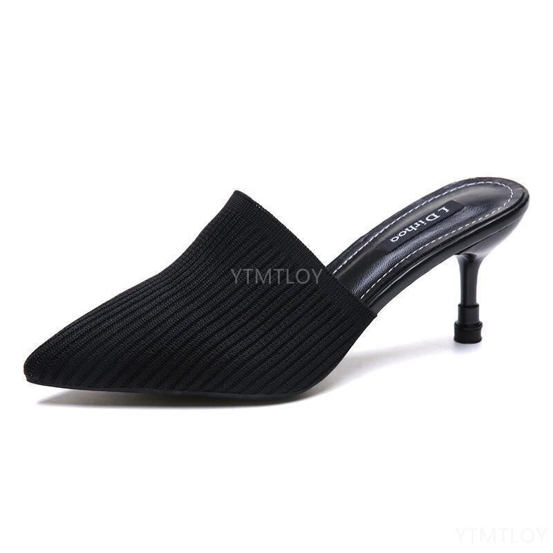 Tricoté élastique Mules pantoufles maison femmes à talons hauts femme chaussette chaussures été Designers Zapatillas Mujer Casa: Black / 35