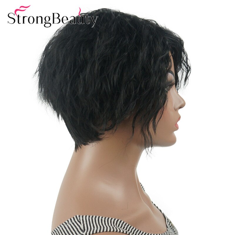 StrongBeauty Short Natural Curly Wigs Asymmetrical Side Bang Synthetic Women Hair Heat Resistant Wig