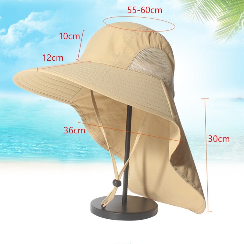 Men Wide Brim Sun Hat With Neck Flap Adjustable Chin Strap Breathable Mesh Side Accessory