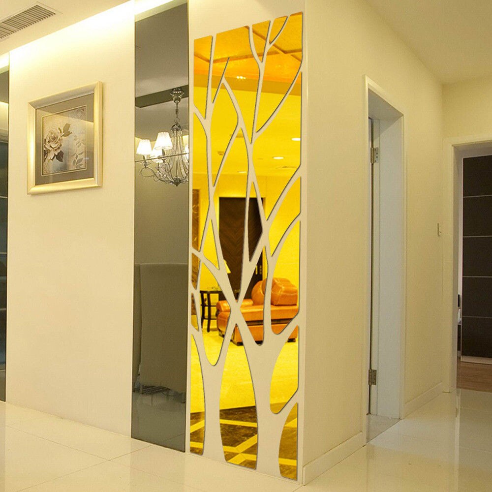Moderne spejlstil aftageligt mærkat træ kunst vægmaleri vægklistermærker hjem værelse indretning hjem spejl vægklistermærke træ: Guld