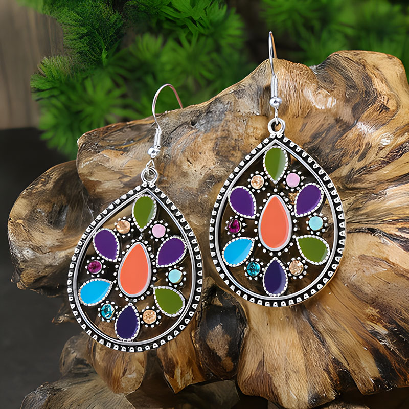 Pendientes de gota de agua de aleación étnica bohemia para mujer, pendientes colgantes de aceite de gota Multicolor Retro, joyería para diaria y vacaciones: Marrón rojizo