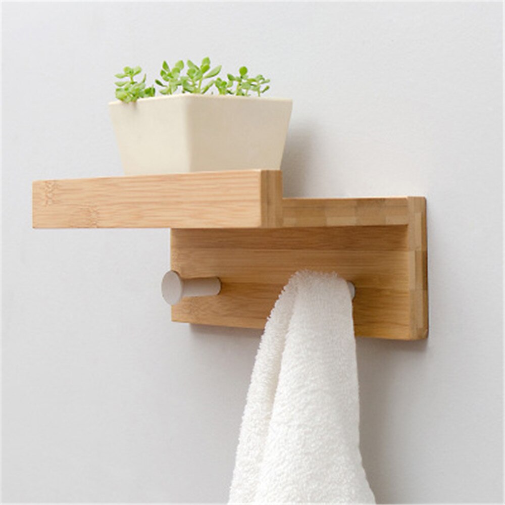 Frisk og enkel stil et-ords skillevæg hængende væg bambus væg krog nøgle håndklædestativ hylde væg hylde rack: Træfarve 2 kroge