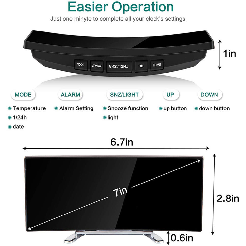 Digital Alarm Clock 7 Inch Curved Dimmable LED Digital Clock for Kids Bedroom Green Large Number Clock Lightweight