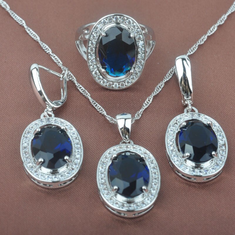 Blauwe zirkonia bruiloft dames sieraden sets zilverkleurige ring ketting en oorbellen set  tz096