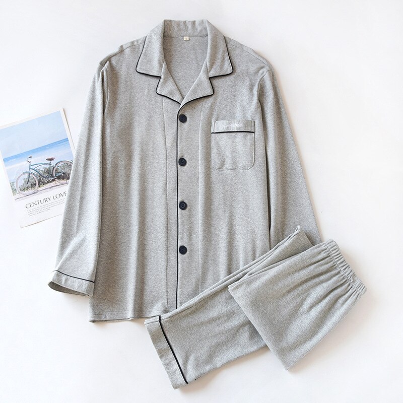 Pijama de algodón grueso para hombre, ropa de dormir de manga larga y pantalones largos, Color sólido, para primavera y otoño, para el hogar: Gray Set / XL