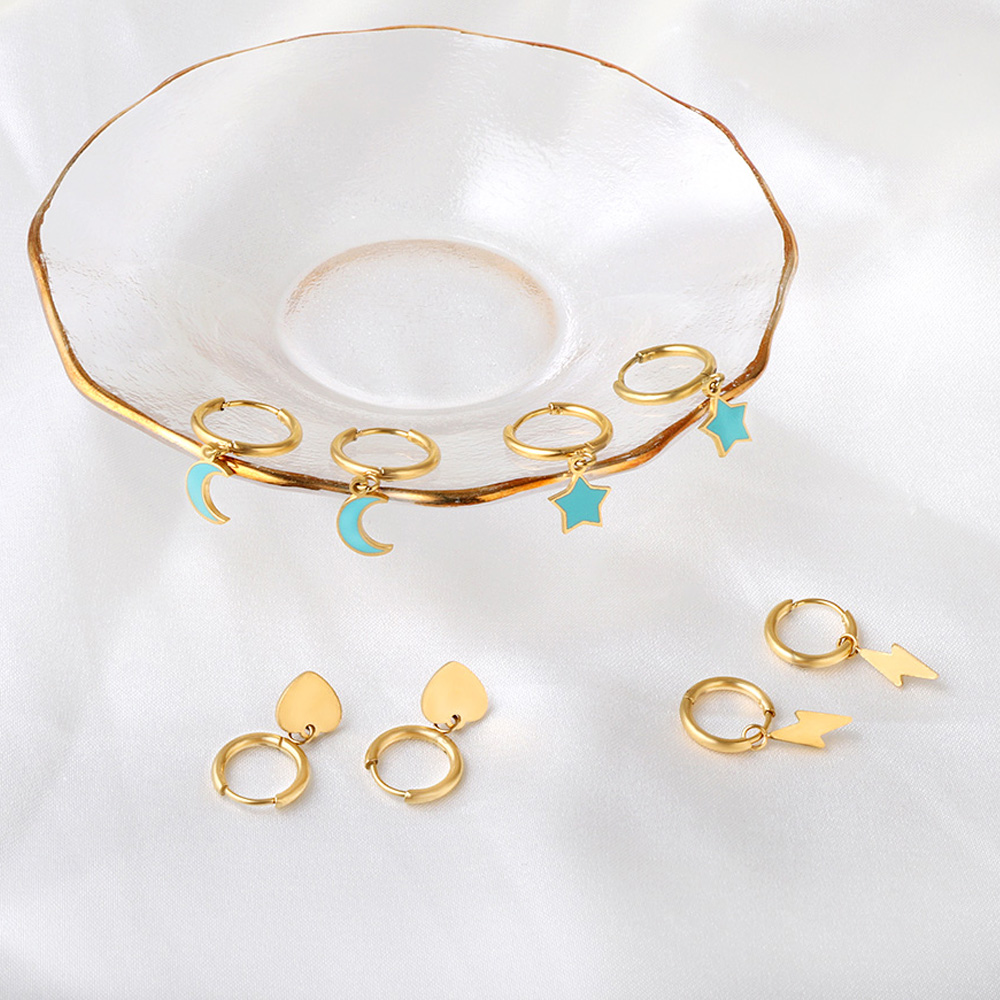 Pendientes de aro colgantes con dije geométrico Simple de lujo para mujer y hombre, Huggies de acero inoxidable con corazón, estrella, Luna, Cruz
