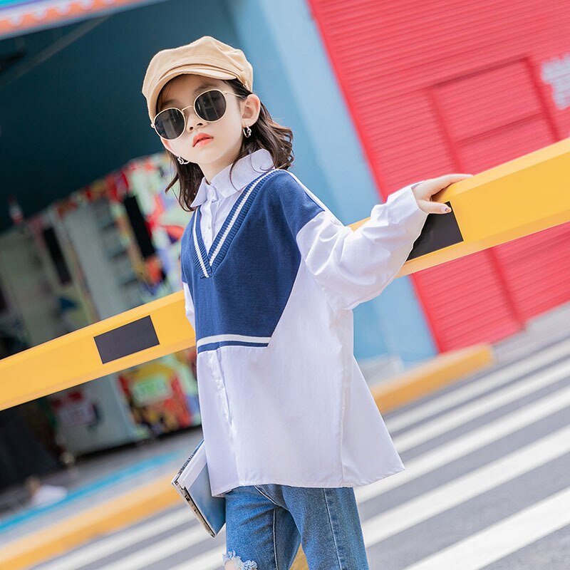 Kids Girls Long Shirt 10 to 12 years Patchwork Tops Autumn Teenage Girls Clothes