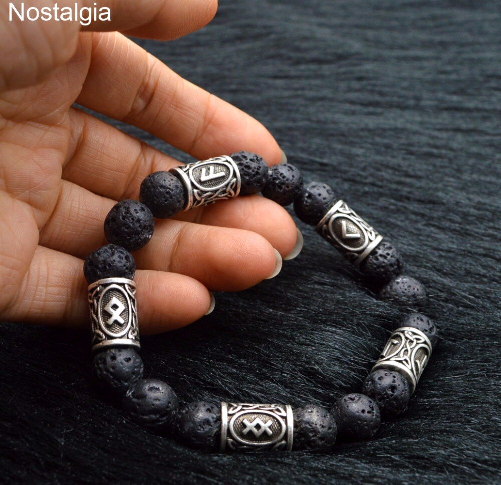 Pulseira viking de pedra de lava, pulseira masculina e feminina vikinhos acessórios decorativos joias braceletes: Style 2 Silver