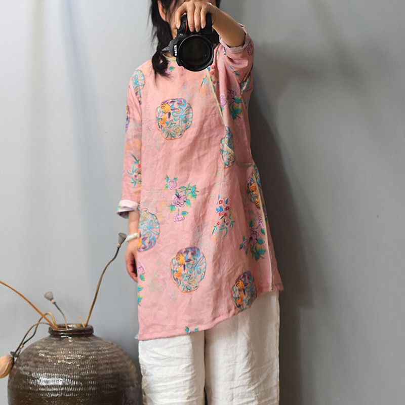 Johnature Herfst Vintage Print Bloemen Shirts Voor Vrouwen Ramee O-hals Lange Mouw Blouses Losse Vrouwelijke Lange Shirts Tops