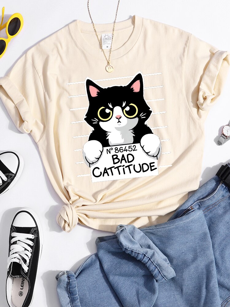 No86452 Slechte Cattitude Grappige Kat Womens T-shirt Casual Sport T Shirts Ademende Zomer Tee Shirt Street Creativiteit T-shirt Vrouwen: L / GRIJS