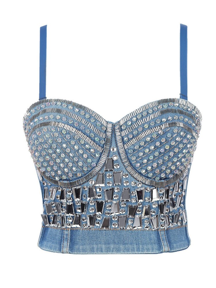 Europese Amerikaanse Nail Vormige Halter Riem Vest Netto Rode Wear Ondergoed Stadium Kostuum Gestreken Boor Denim Corset Sexy Vrouwen: 36B