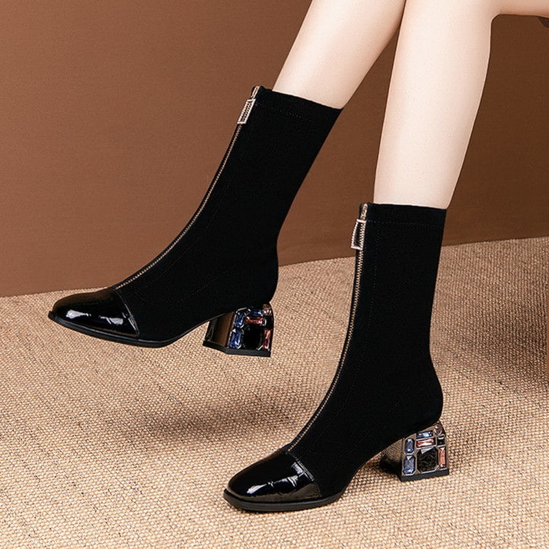 botas cortas elásticas para mujer, botas de media caña con diamantes de imitación, zapatos de otoño para mujer, puntera cuadrada, cremallera frontal para mujer, negro