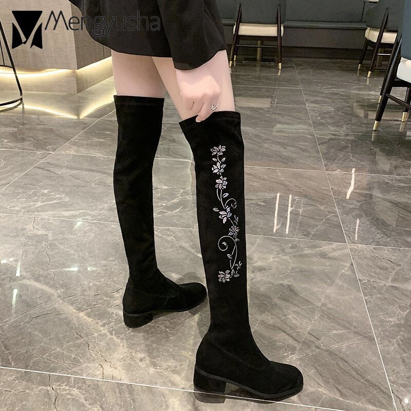 Botas altas hasta el muslo con bordado de flores para mujer, botines cómodos por encima de la rodilla, de tacón grueso, calcetín largo y delgado