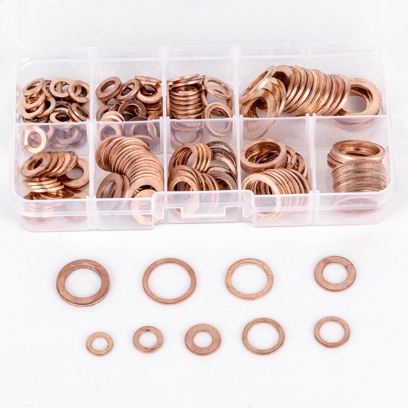 200Pcs 9 Sizes Copper Washer Gasket Set Flat Ring Seal Assortment Kit M5-M14 CAO