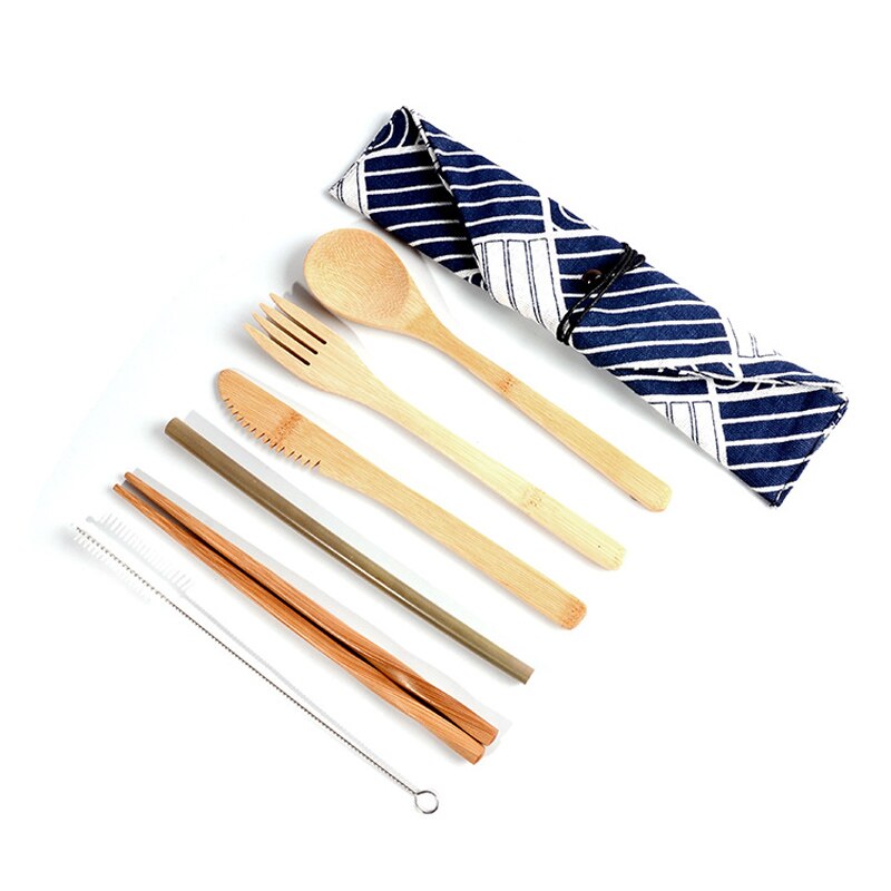 Bærbart træbestikssæt træbestik knive gafler skeer spisepinde rejser spisestue dragt miljømæssigt med taske: Hvid