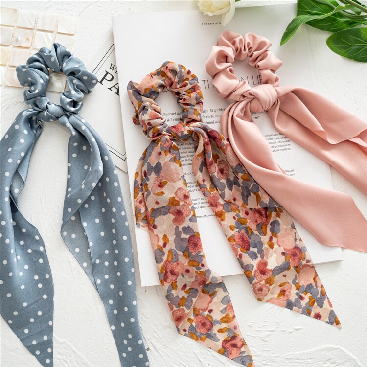 Floral Print Scrunchies Chiffon Bow Elastic Hair Bands Women Hair Ties Rubber Bands Ponytail Scarf Hair Accessories
