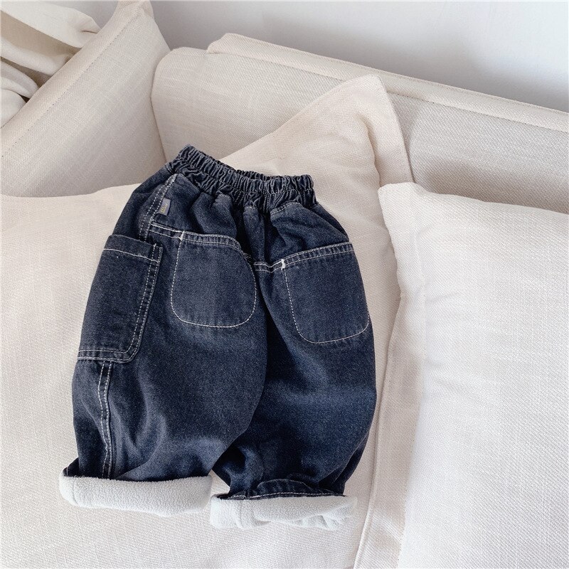 5553 børn varme bukser vinter koreanske baby drenge plus fleece bukser afslappede denim bukser 1-7t piger vinter jeans outfits: Mørkeblå / 90cm