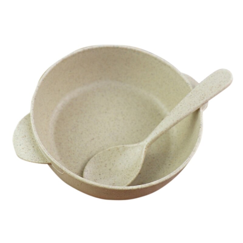 Conjunto de utensílios de mesa de palha de trigo bebê tigela de jantar crianças dos desenhos animados prato de jantar colher de tigela de treinamento do bebê para crianças: Bege