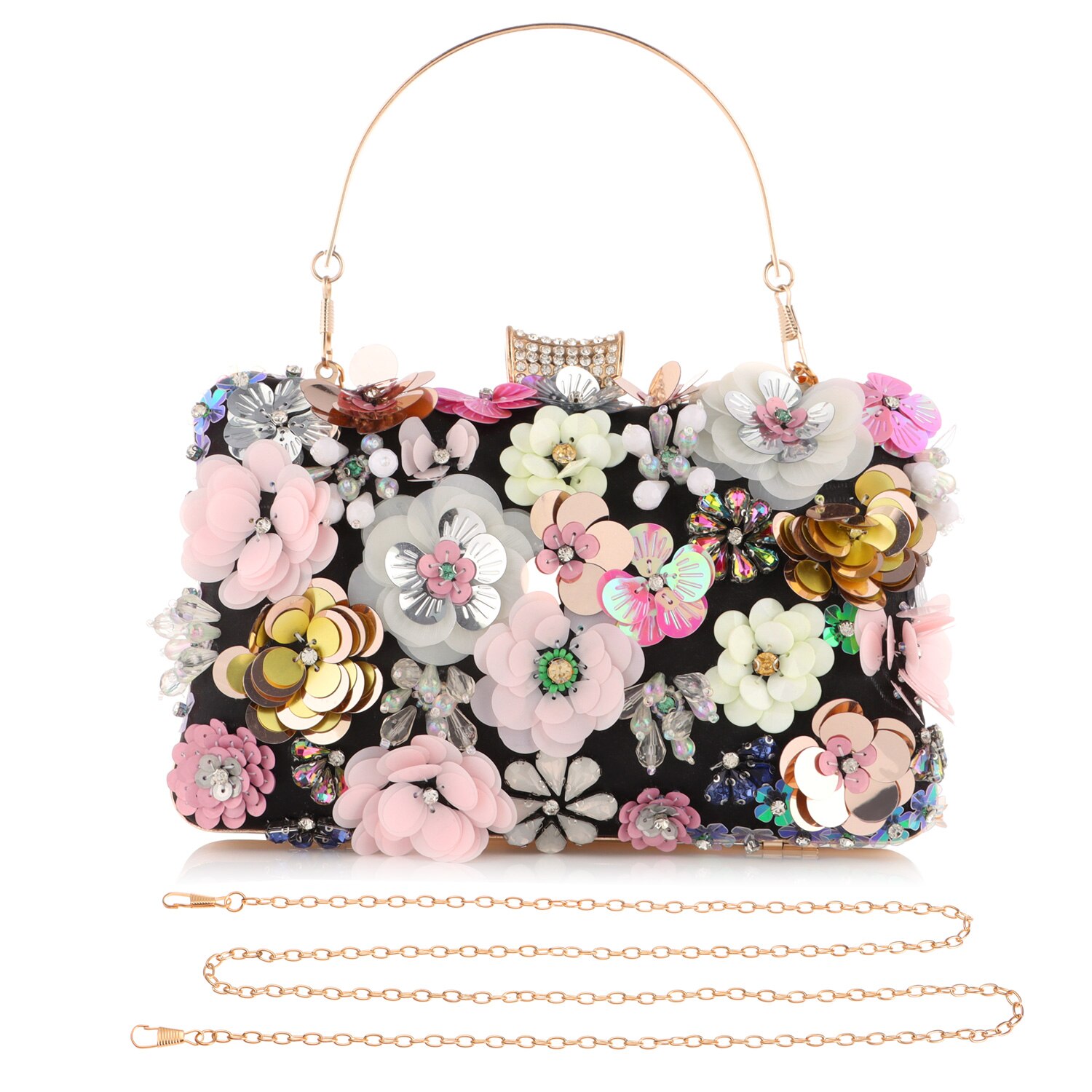 Womens Bloemen/Kristal Strass Koppeling Purse Meisjes Avondtasje Avond Handtas Voor Bruiloft Prom Banket Party: Black