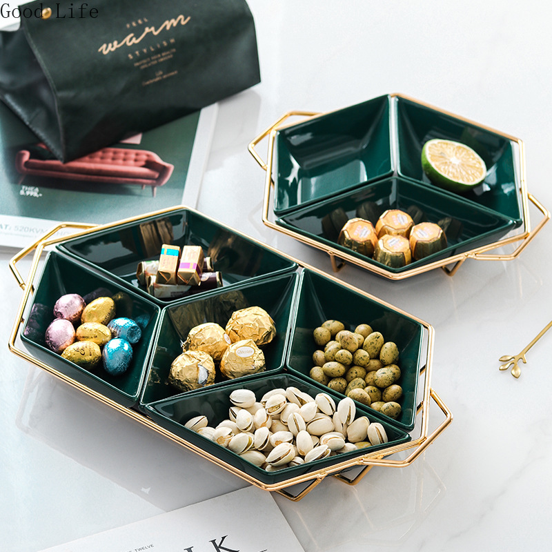 European-style Iron Art Ceramic Platter Diamond-shaped Fruit Plate Divided Cake Snack Nut Plates