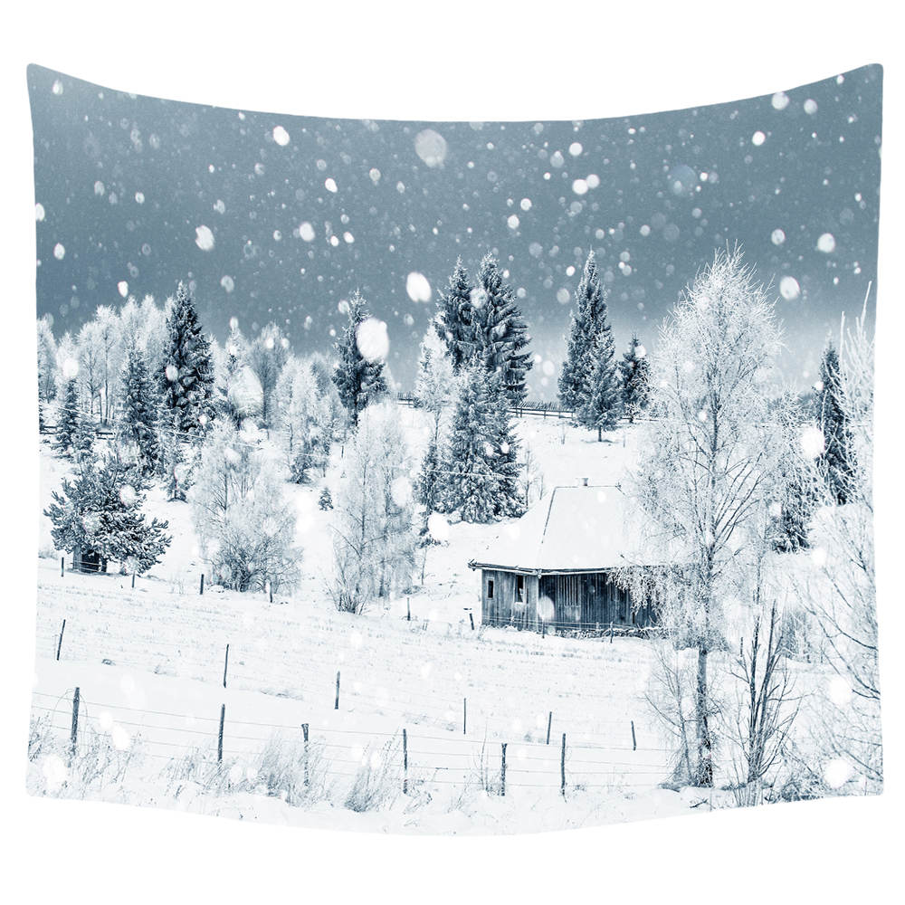 Winter Forest Christmas Winter Snow Forest with Fir Trees and Snowflakes Tapestry