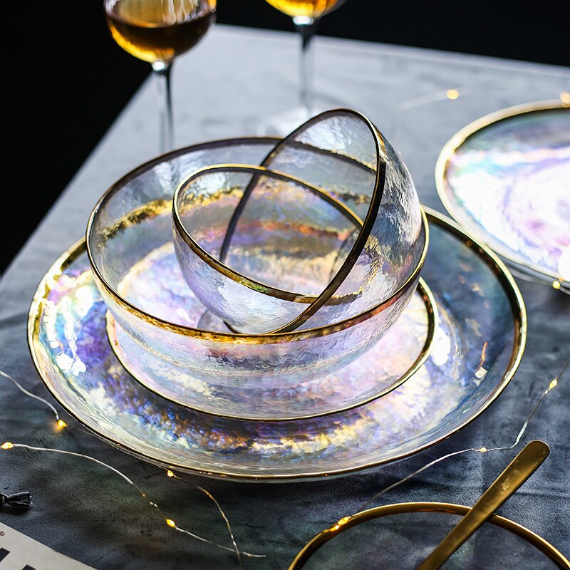 Colorful Painted Gold Glass Bowl Dish Seven Color Transparent Hammer Grain Glass Dessert Steak Plate Salad Fruit Bowl Dinnerware