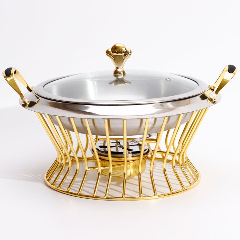 Stainless Steel Hotpot Set Mini Hotpot Pot Holder Tempered Glass Lid Gold Silver Chafing Dish Buffet Pan Food Tray Warmer: 20CM GOLD