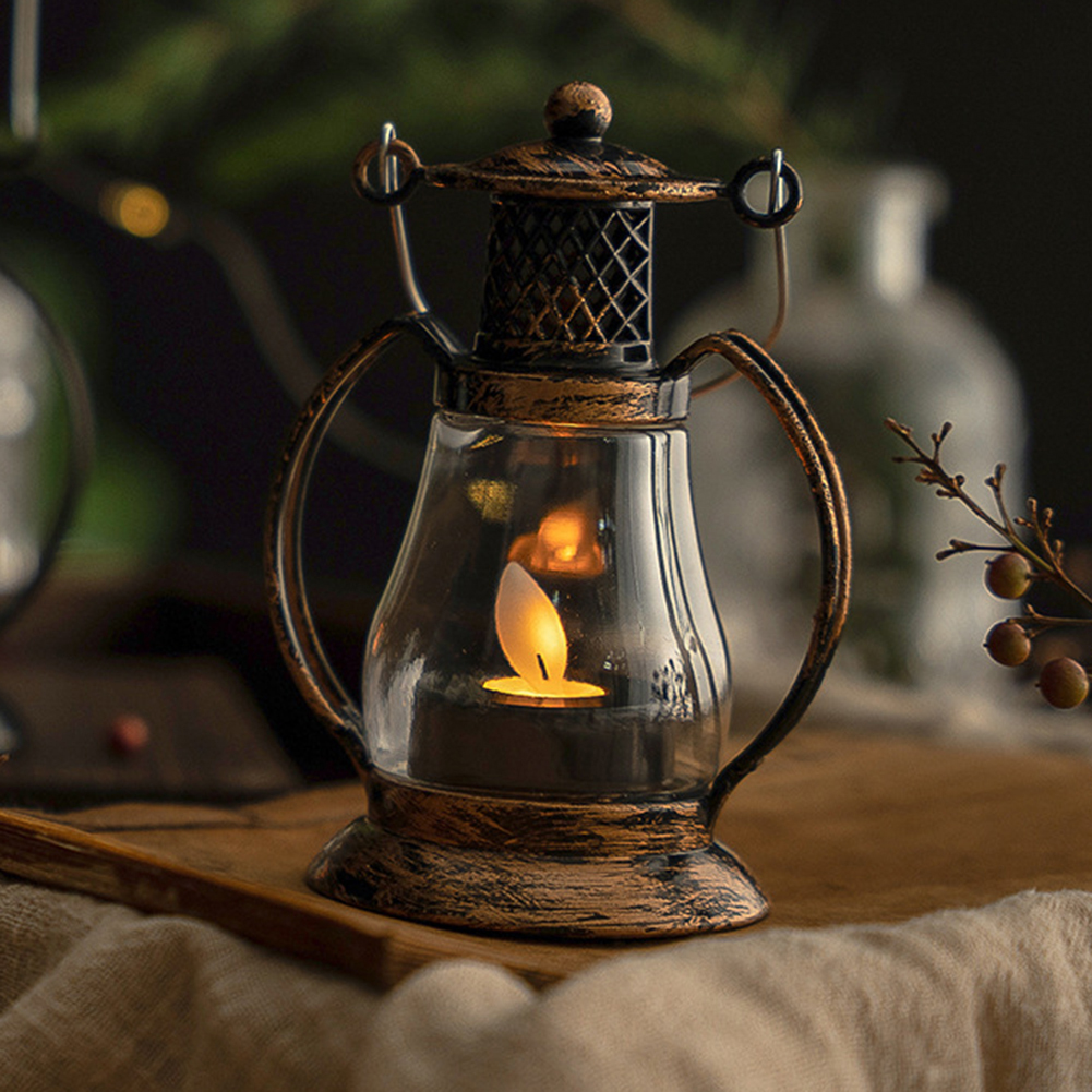 Vintage metall flammelykt hengende lykt utendørs belysningslampe med knappbatteri campinglys retro led stearinlys flammelamper