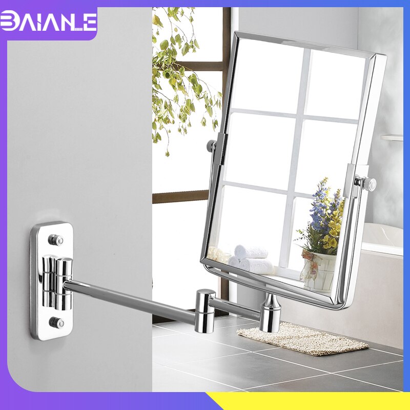 Bathroom Mirror Stainless Steel Square Floding Make Up Mirrors 3x Magnifying Dual Arm Extend 2-Face Cosmetic Mirror Wall Mounted