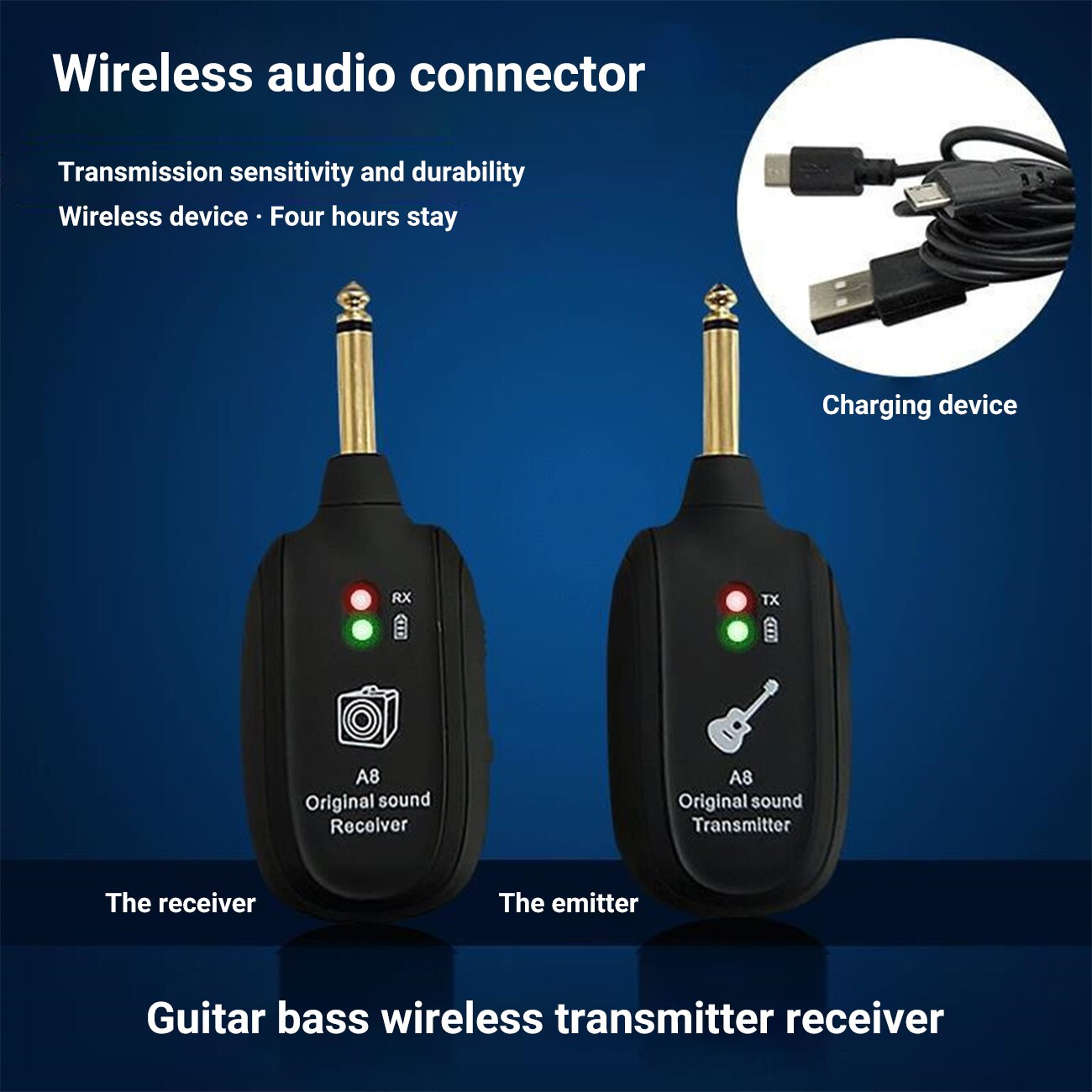 Système émetteur et récepteur de guitare sans fil A8, batterie intégrée, guitare sans fil UHF Rechargeable avec câble de chargement USB