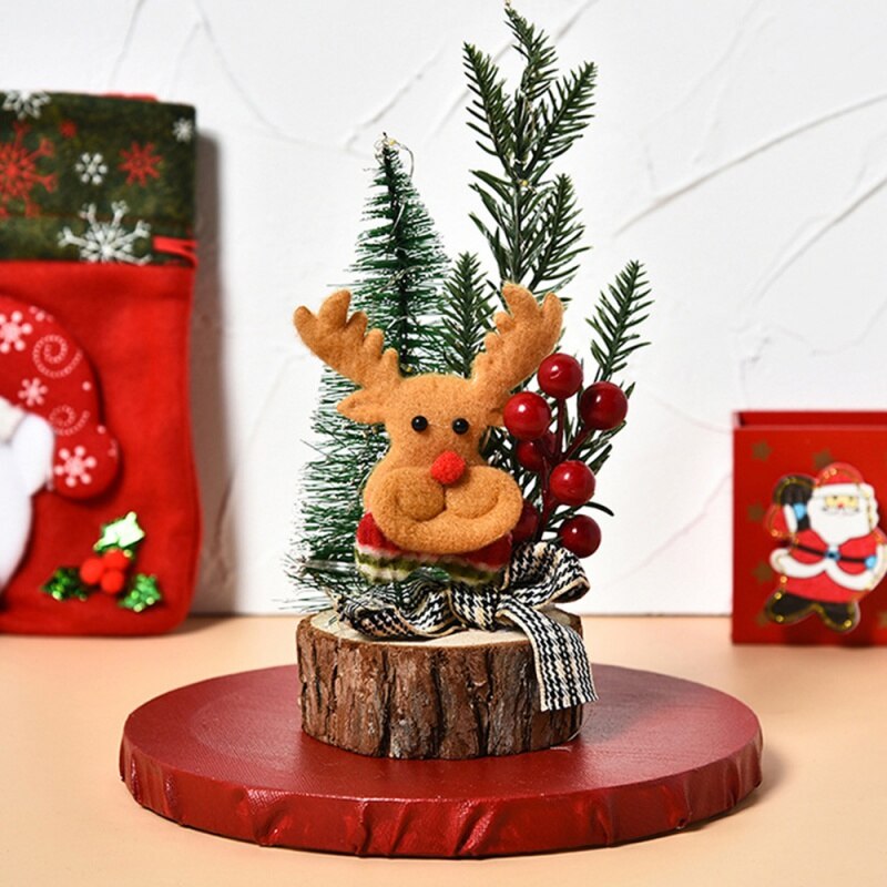 Mini Christmas Tree With Light-emitting Wooden Base Table Top Christmas Tree Pine Fruit Deer Safflower Style: A